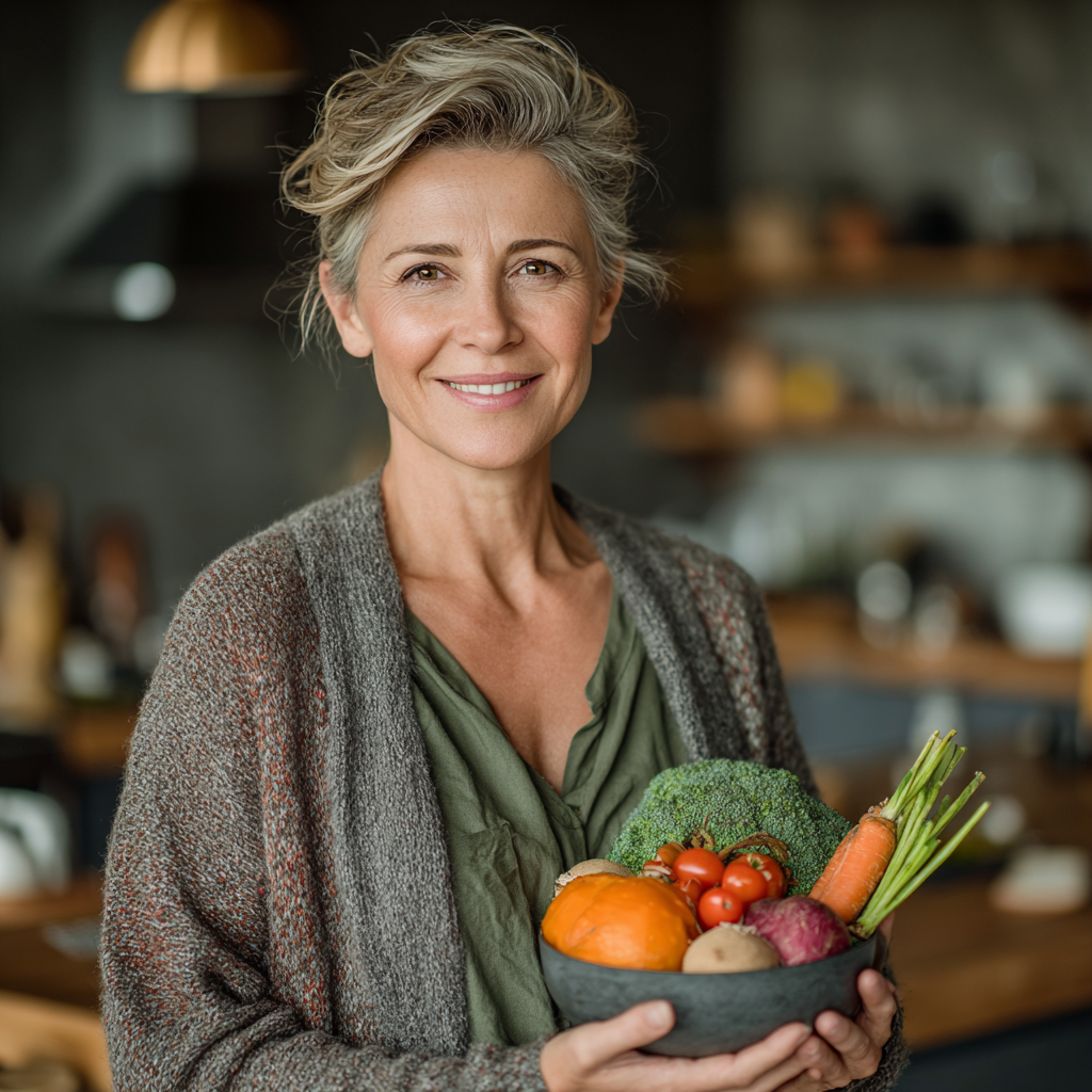 Confident middle-aged woman in her late 40s holding a colorful bowl of fresh vegetables and fruits, smiling warmly in a modern kitchen with natural lighting
