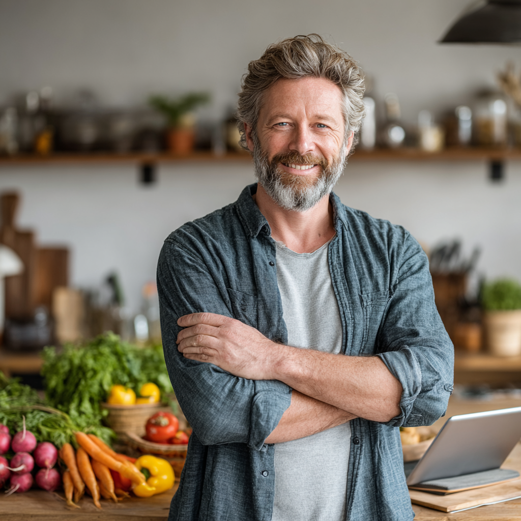 Smiling man in his early 50s wearing casual clothing, standing in a bright modern kitchen while holding a tablet and surrounded by fresh ingredients, showing confidence and satisfaction